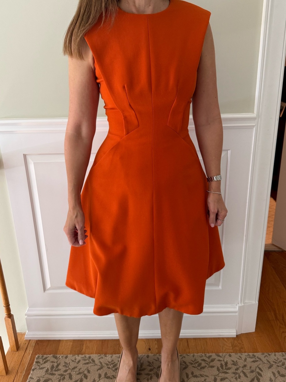 Karen Millen Sculpted A-Line Orange Slvless Midi Dress- Sz 4 excellent condition